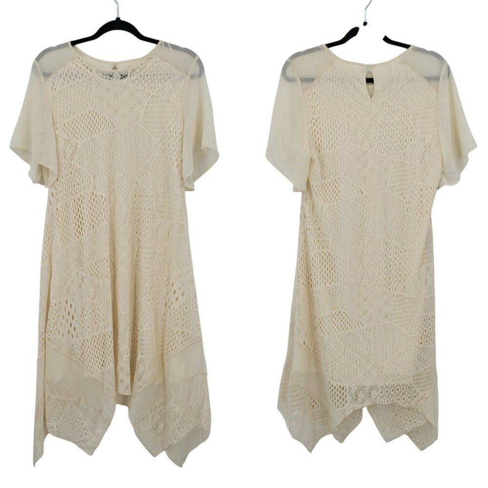 Womens Cream Lace Crochet Patchwork Tunic Dress Sz M Handkerchief‎ Boho Bridal